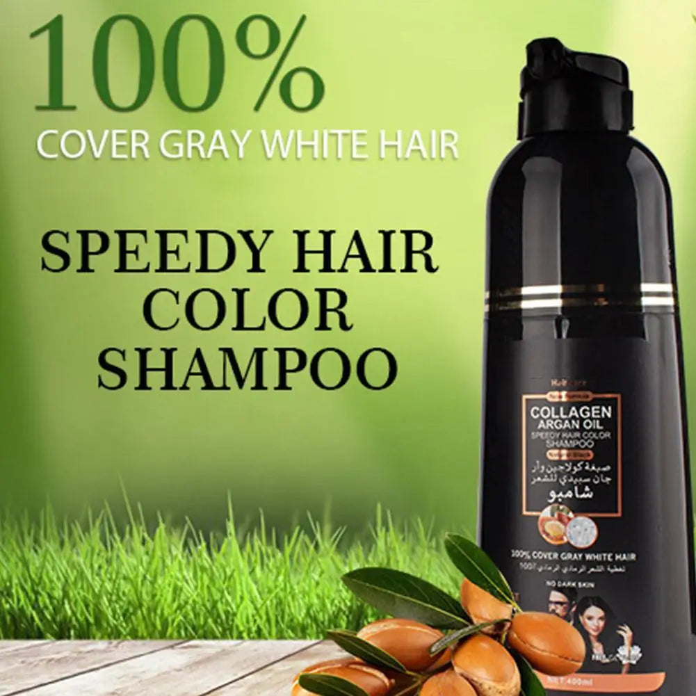 3-in-1 Collagen Argan Oil Shampoo Long-Lasting Black Hair Dye Shampoo for Men Women Nourishes Colors Gray Hair, 400ml Formula