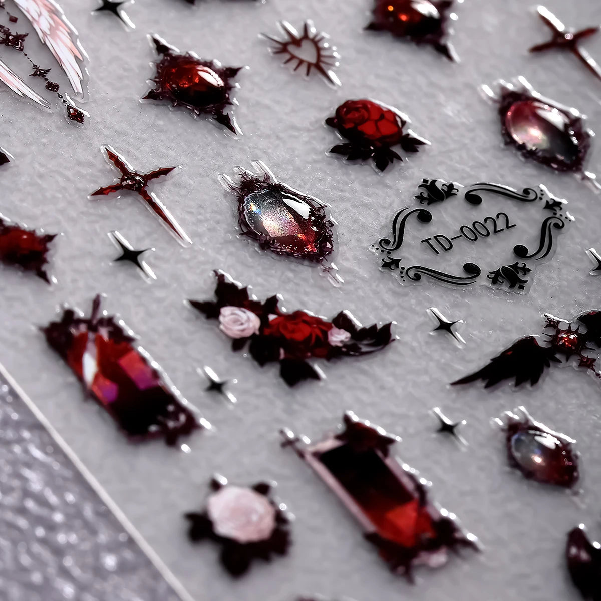 2pcs 5D Red and black Gothic Nail Art Stickers Rose Spider Wing Y2K Nail Decals for DIY Nail Decoration Manicure Sliders