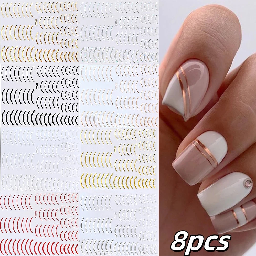 8/9/12/18Pcs New French Nail Stickers Guides DIY Nail Decors 3D Self-Adhesive White+Black Sliders Design Stencil DIY Manicure *&