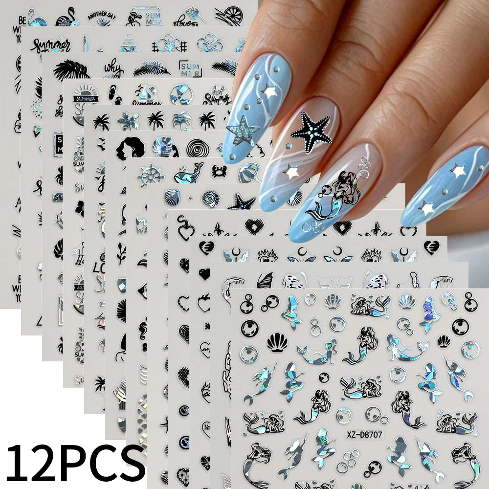 12Pcs 3D Laser Gold Silver Sun Star Moon Nail Stickers Y2K Snake/Starlight/Heart Adhesive Decals DIY Bronzing Nail Sliders