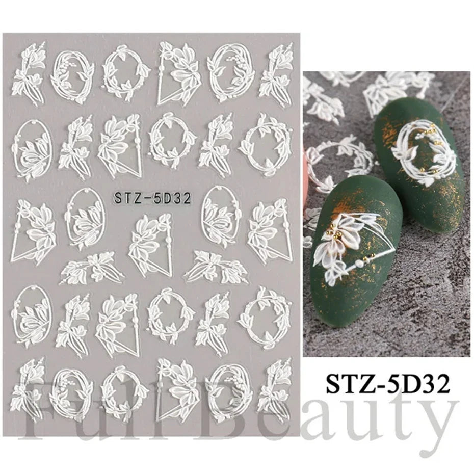 5D Simple Flowers Nail Embossed Stickers Elegant Wedding Design Adhesive Sliders Floral Textured Engraved Decoration Supplies