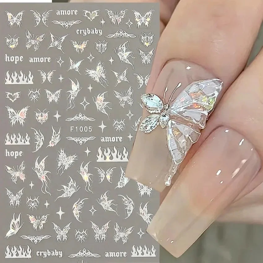 1PCS Black White Butterfly Laser Nail Stickers Y2K Nail Art Decoration Abstract Lines Bronzing Flowers Stickers For Nails