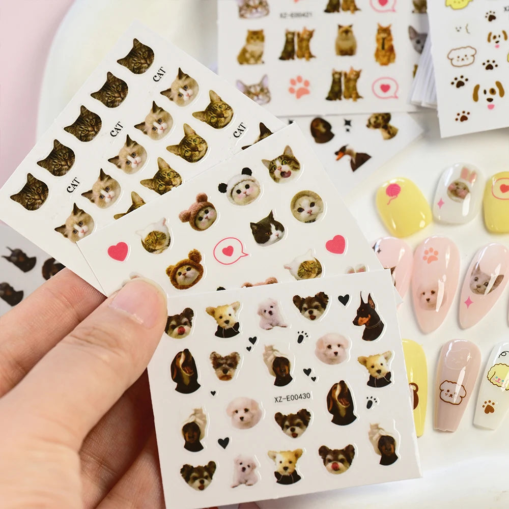 30pcs Cute The Cat Dog in the Hat Nail Stickers 3D Lovely Animal Kitten Puppy Pets Nail Decals Self-Adhesive Cartoon Nail Slider