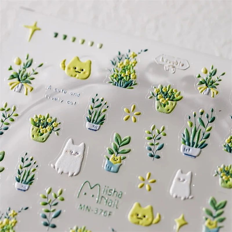 1Pcs Lovely Cat Green Potted Plant Flowers Nail Stickers 5D Reliefs Self Adhesive Nail Art Stickers Manicure Decorations Decals
