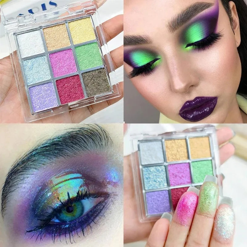 9-Color Chameleon Eyeshadow Makeup Palette Multi-Chrome Fluorescent Metallic Shiny Eye Shadow Easy-To-Apply Highgloss Powder