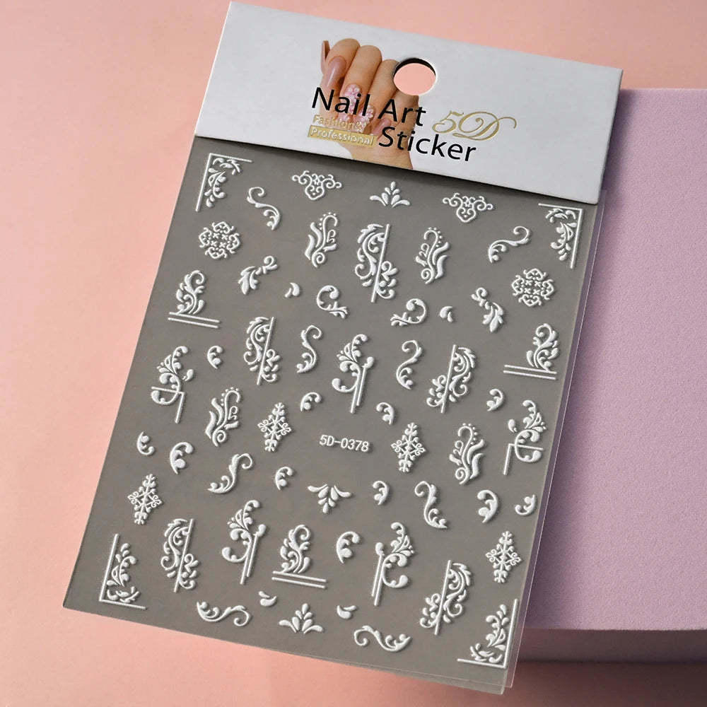 5D White Face Flowers Nail Art Stickers 8x10cm Elegant Wedding Bride White Floret Nail Decal Self-Adhesive Flowers Nail Slider