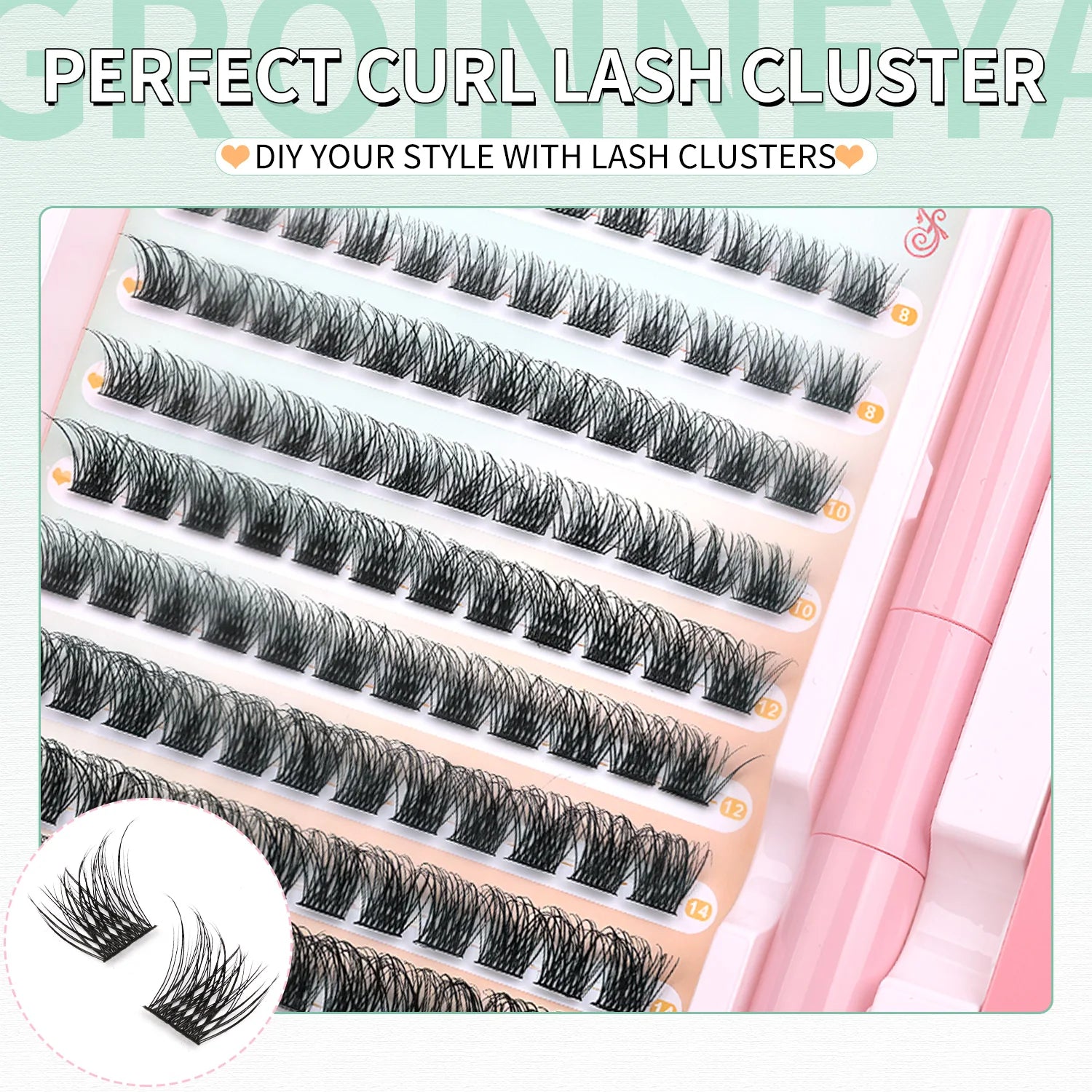 GROINNEYA Fluffy Lash Clusters Kit With Waterproof Strong Hold DIY Lash Extension Kit Lash Bond & Seal & Eyelash Tweezers Makeup