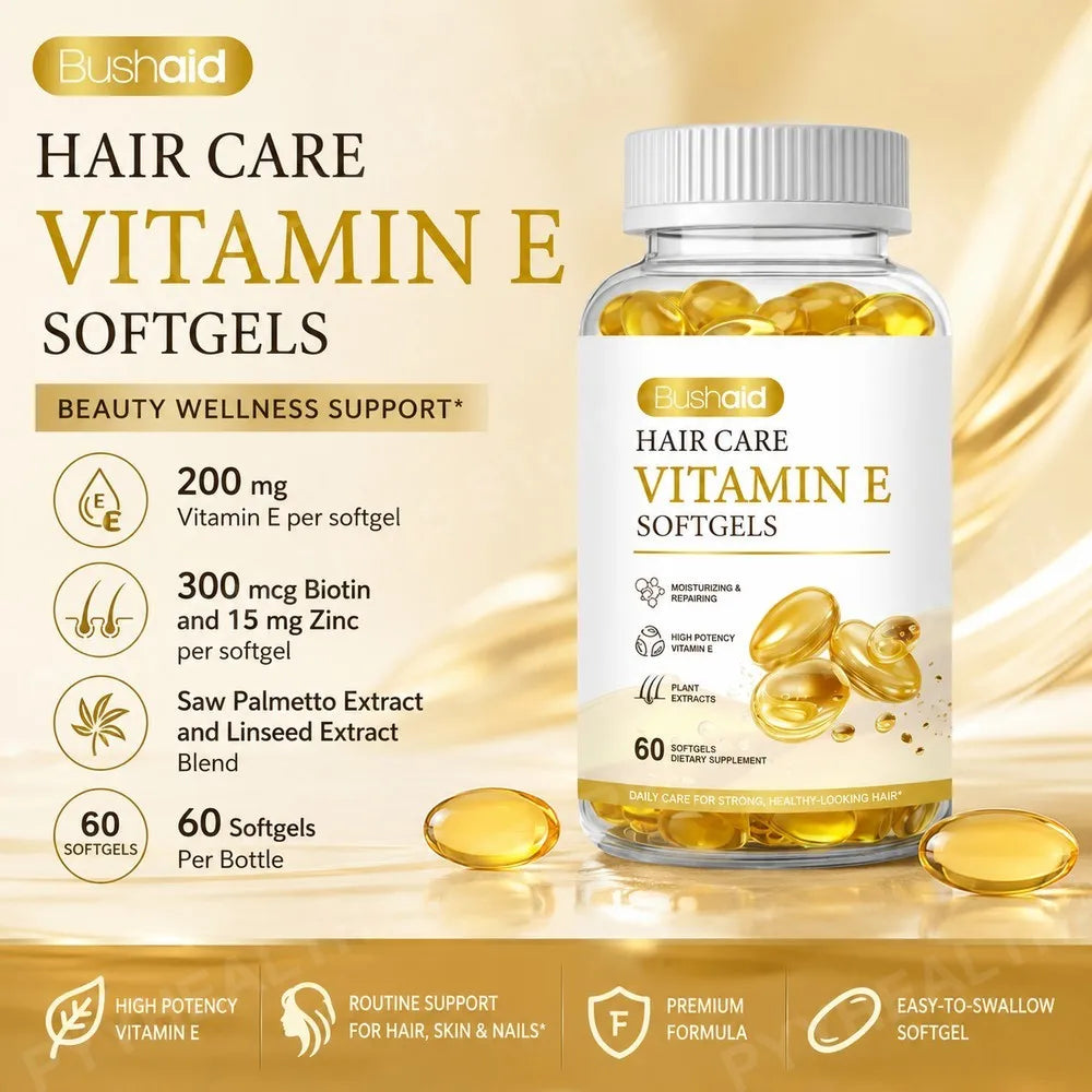BushAid Hair Care Vitamin E Softgels with Biotin and Zinc for Healthy Hair Growth, Skin Hydration and Strong Nails, 60 Softgels