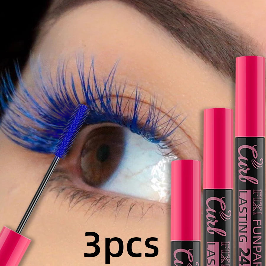 3pcs Colorful 3D Eye Blue Green Purple Mascara Waterproof Lengthens Eyelashes Extension Silk Fiber Mascare Long Lasting Eye Makeup for Women Cosmetic Korean Make up