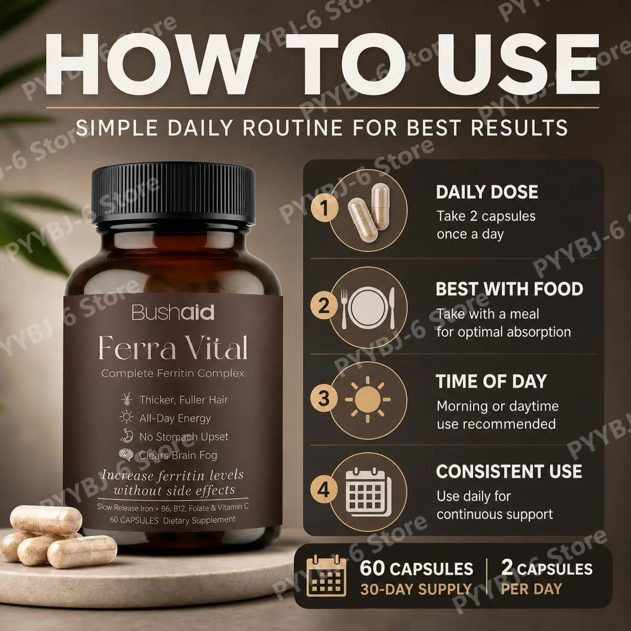 BushAid Ferra Vital Ferritin Complex with Iron Zinc Vitamins B6 B12 Supports Hair Shine Energy Focus Scalp Wellness 60 Capsules