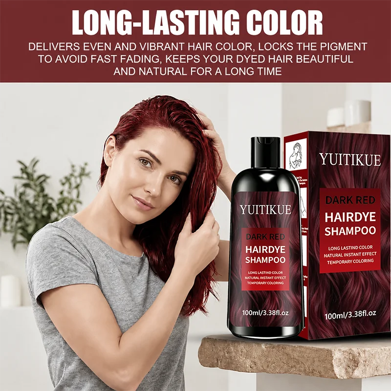 YUITIKUE Dark Red Hair Dye Shampoo 100ml Instant Temporary Coloring Long‑Lasting Vibrant Color Moisturizing Hair Color Shampoo