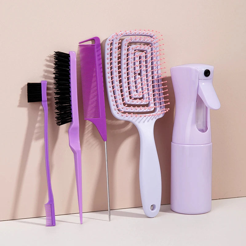 5pcs Comb Set Relaxing Elastic Massage Comb Hollow Out Hair Brush Scalp Massage Combs Hair Styling Spray Bottle Hair Salon Tools