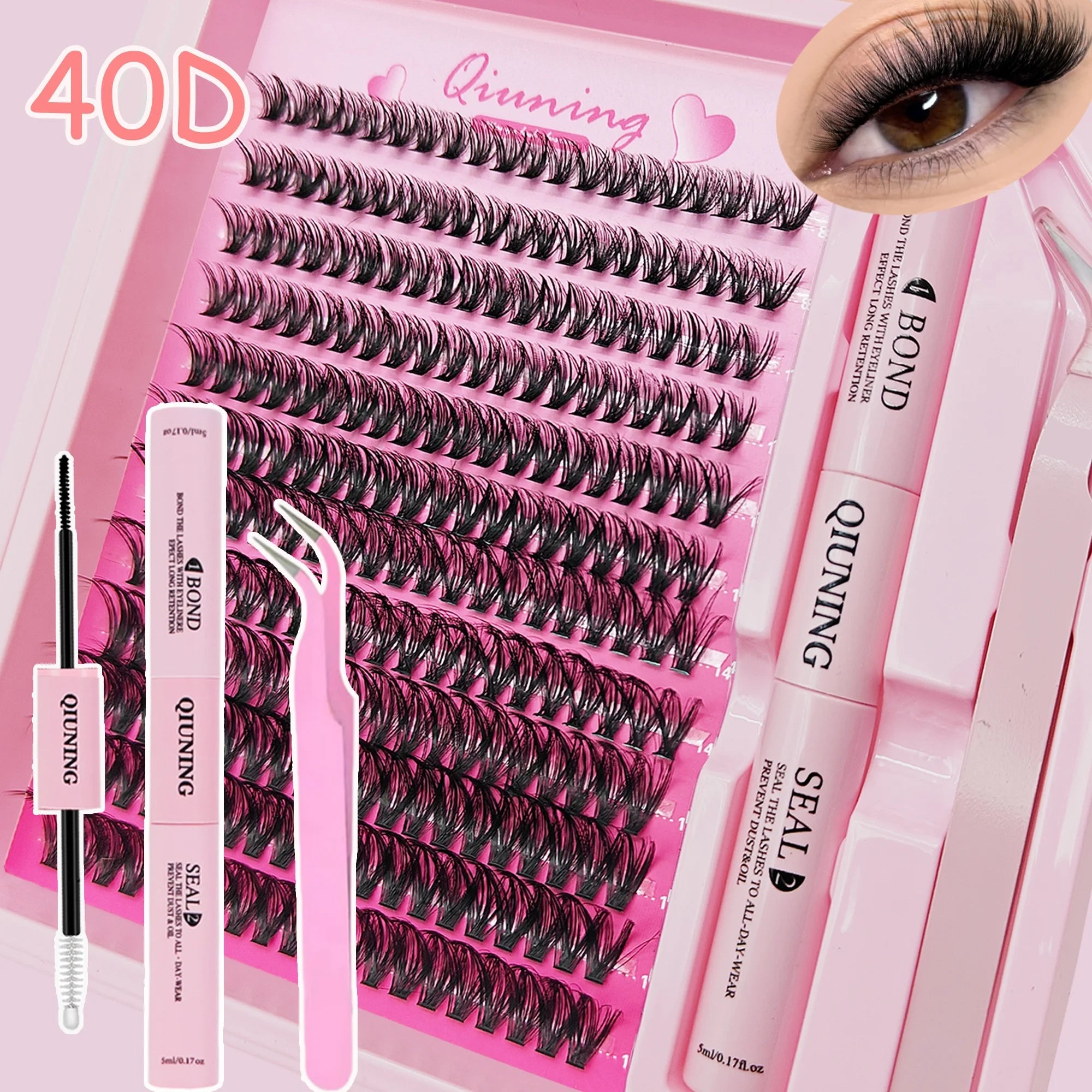 QIUNING Eyelash Clusters Kit Fluffy Individual Lashes Lash Bond and Seal and Remover Faux Mink Lashes Eyelash Extension DIY