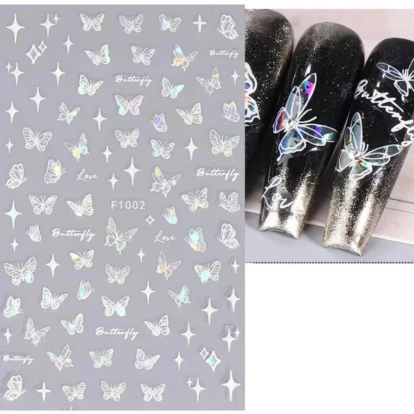 1PCS Black White Butterfly Laser Nail Stickers Y2K Nail Art Decoration Abstract Lines Bronzing Flowers Stickers For Nails