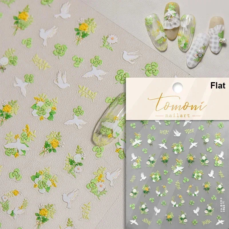 1 pc 5D sunflower nail stickers rose daisy cherry blossom self-adhesive nail art stickers oil painting style decorative sticker