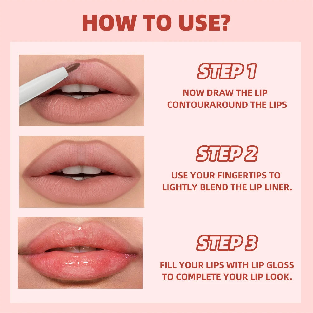 QIBEST Double Head Mirror Lip Glaze Lipliner Pen Water Light Lipgloss Makeup 2 in 1 Stick Matte Velvet Lip Liner Contour Pencil