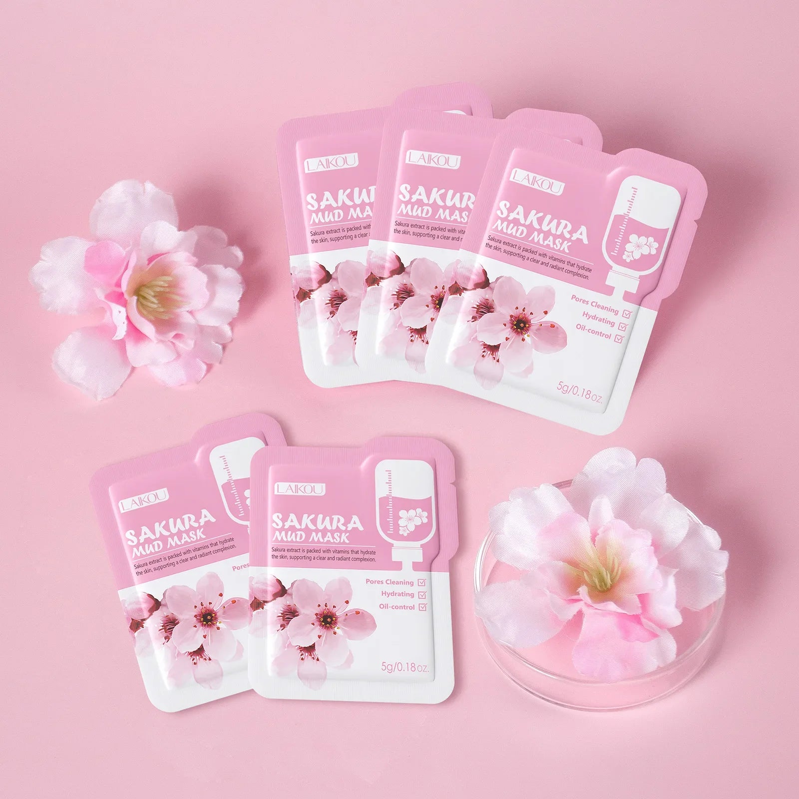 Laikou Sakura Clay Mask Trial Size Hydrating Deep Cleansing Pore Minimizing Brightening Face Mask Skin Care Product Mud Mask 5g