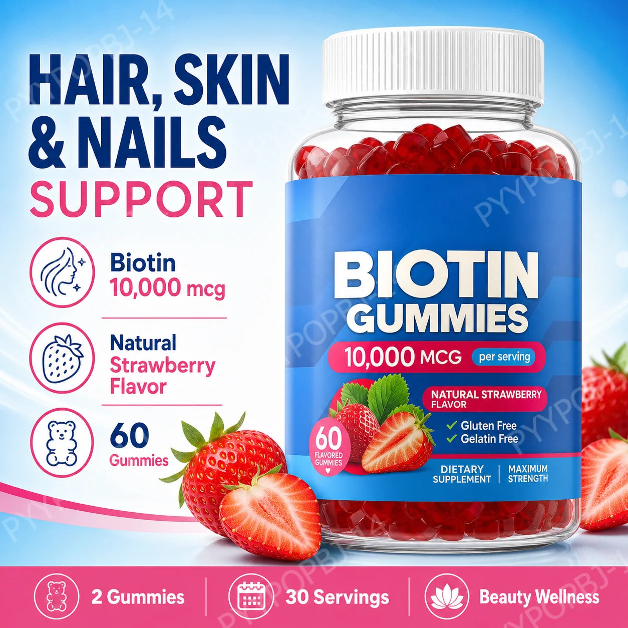 Biotin Gummies 10000 Mcg Hair Skin Nails Support, Vitamin B7 Beauty Supplement, Gluten Free Vegan Non-GMO Strawberry, 60 Gummies