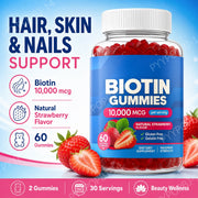 Biotin Gummies 10000 Mcg Hair Skin Nails Support, Vitamin B7 Beauty Supplement, Gluten Free Vegan Non-GMO Strawberry, 60 Gummies
