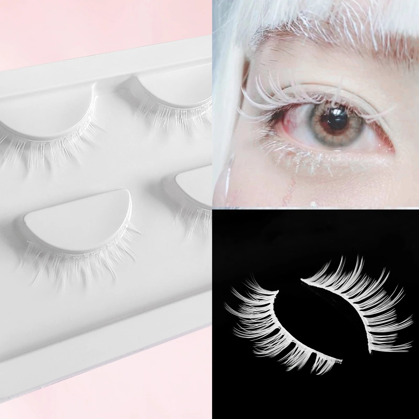 2 Pairs White Eyelashes Frozen Beauty Makeup Wedding Eyelash White Colored False Lashes for Cosplay Party Clear Bond Eyelashes