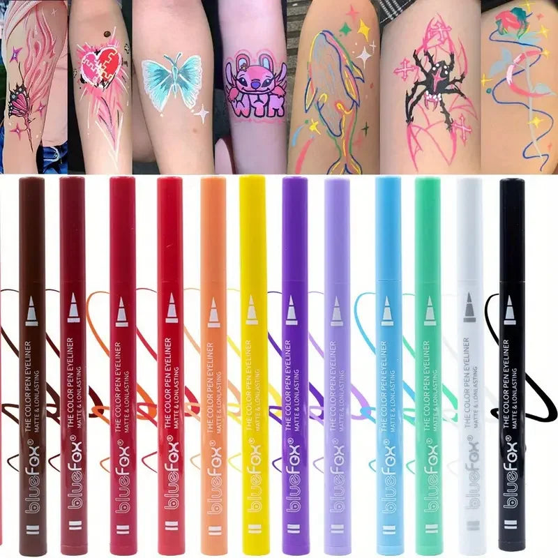 12 color liquid eyeliner liquid pen set, various special makeup, facial paint pen,multi-purpose, multi-color, smooth, waterproof