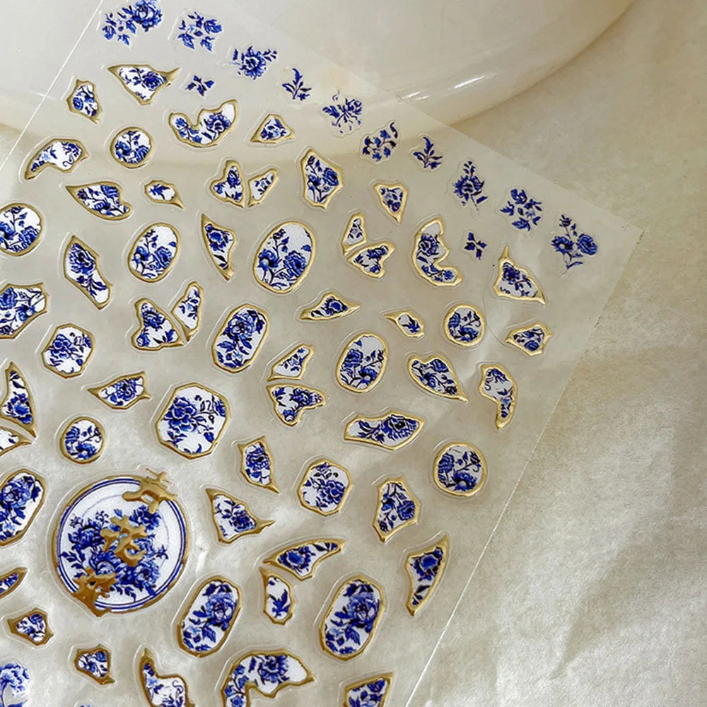 Blue Bronzing Flower Nail Stickers Chinese Style Blue and White Porcelain Nail Decals Back Glue Adhesive French Nail Art Sticker