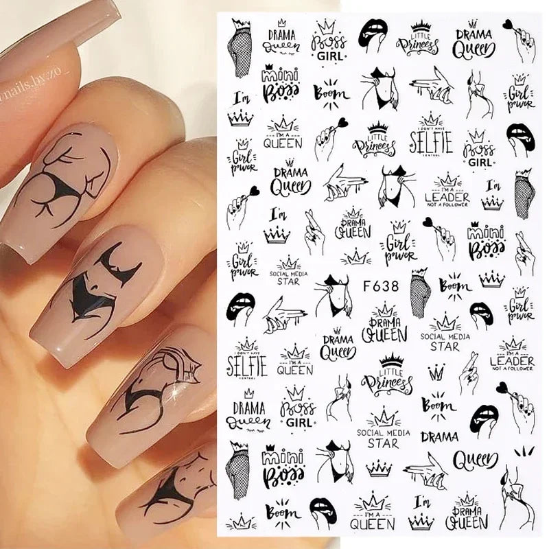 1PCS Black White Love Nail Stickers Letter Nail Design Flower Print Supplies Nail Art Decals Suitable For Women's Manicure