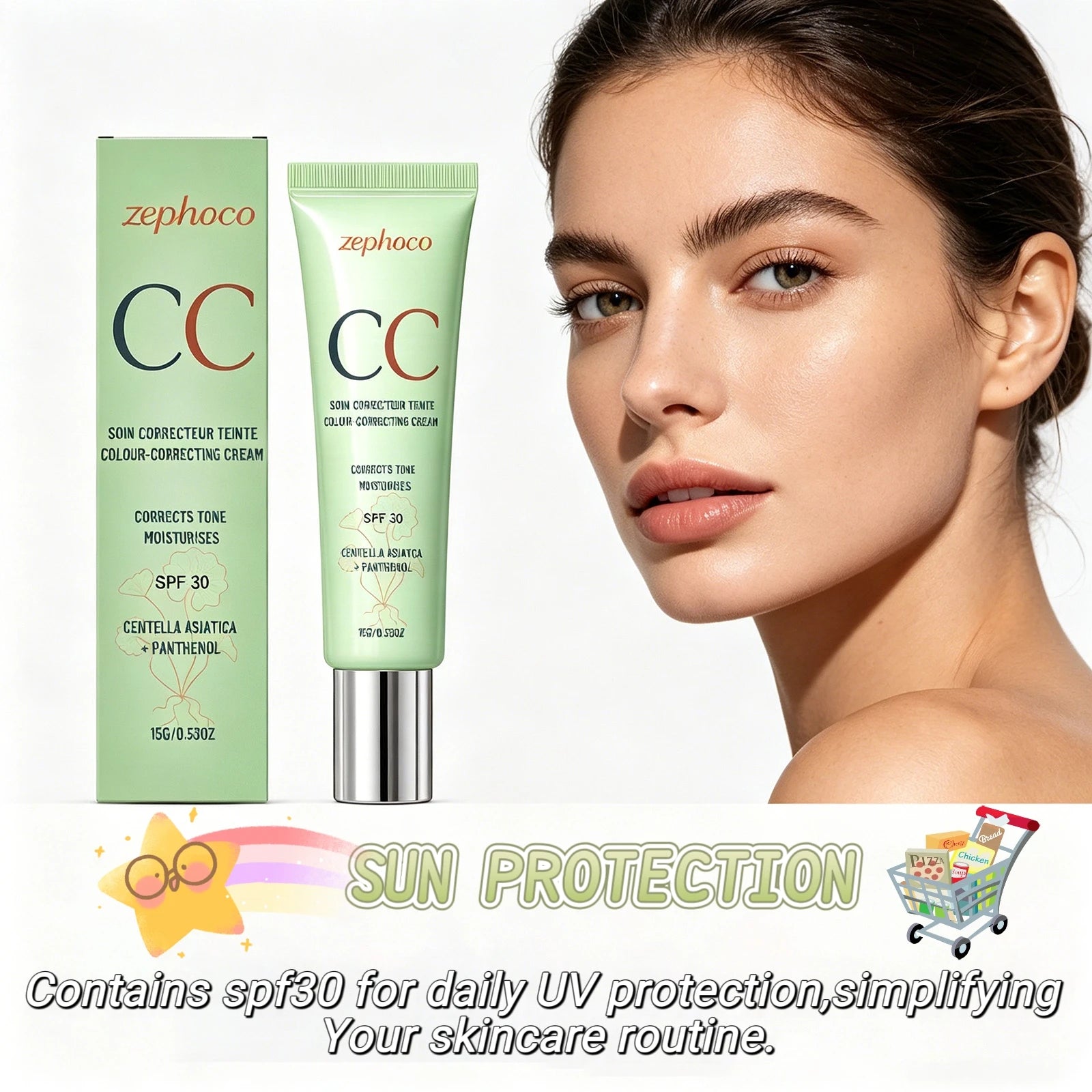 Zephoco Color Correcting Cream SPF 30 Anti UV Sun Protection Redness Blemish Cover Waterproof Centella CC Cream Foundation 15g