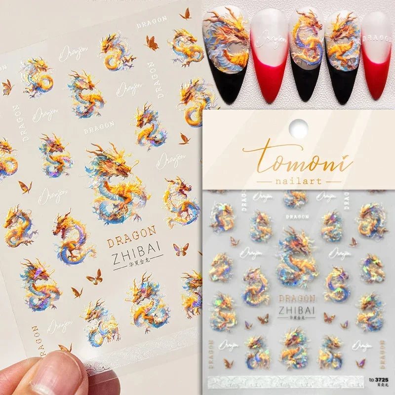 5D Kawaii Ink Wash Fairy Fox Dragon Loong Nail Art Stickers Cartoon Star Animals Backglue Nail Decoration Decals Accessories