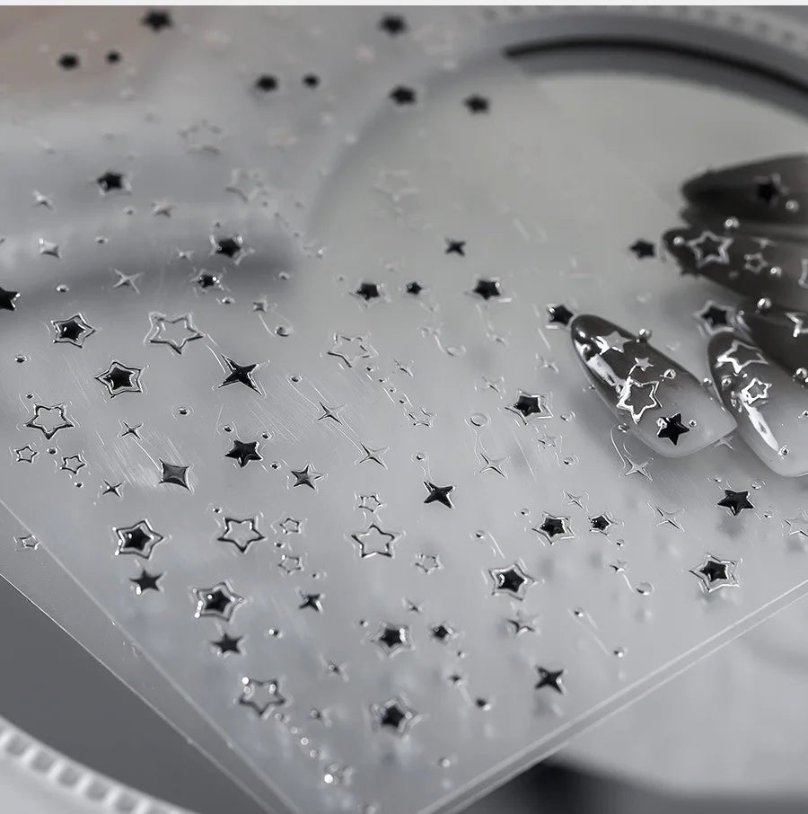 5D Luxury Star Nail Stickers for Nail Art Stars Black Silver Nail Decals Gilding Hollow Out Five-Pointed Nail Art Design Slider