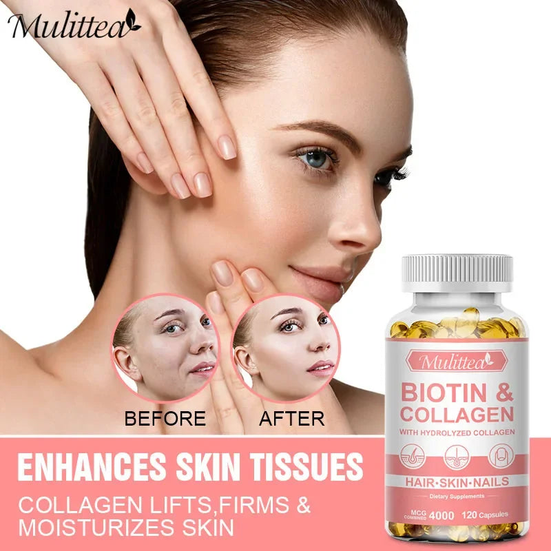 Mulittea Biotin &Collagen Capsules For Healthy Nails Hair Growth Strong Hair Dry Hair  Smooth Skin Hydrating Antioxidant