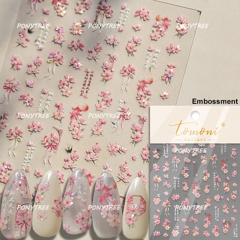 Elegant Pink Purple Flower Rose Colourful Gentle Petal Peach Blossom Metal Shiny Self Nail Art Sticker Decoration Manicure Decal