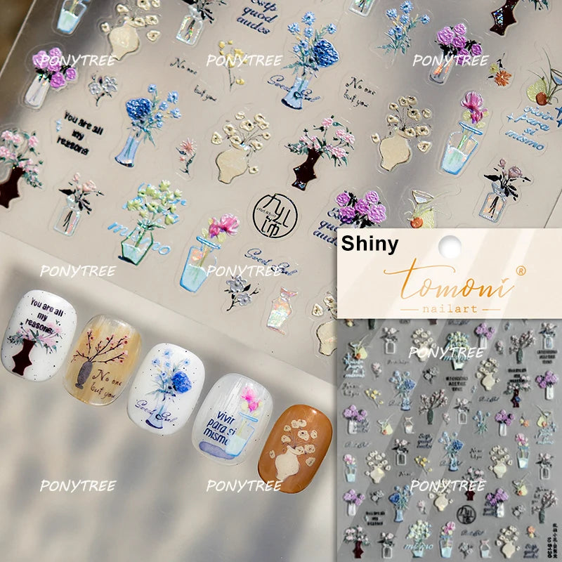 Elegant Pink Purple Flower Rose Colourful Gentle Petal Peach Blossom Metal Shiny Self Nail Art Sticker Decoration Manicure Decal