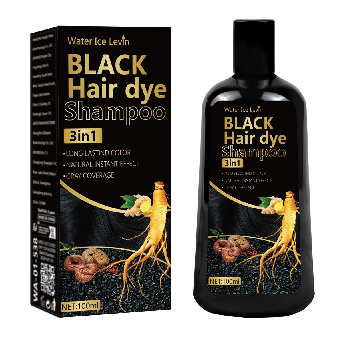 Pure Black Hair Dye Shampoo 3in1. Long Lasting Rich Color, Gray Coverage. Organic Ginger Polygonum Extracts. Gentle Effective.