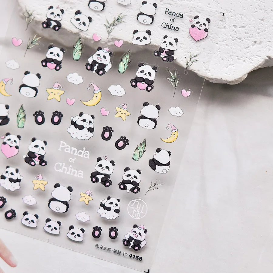 1pcs 5D Embossed Chinese Bamboo Panda Design Nail Art Kawaii Stickers Self-adhesive Transfer Nail Decorations Slider Decals DIY
