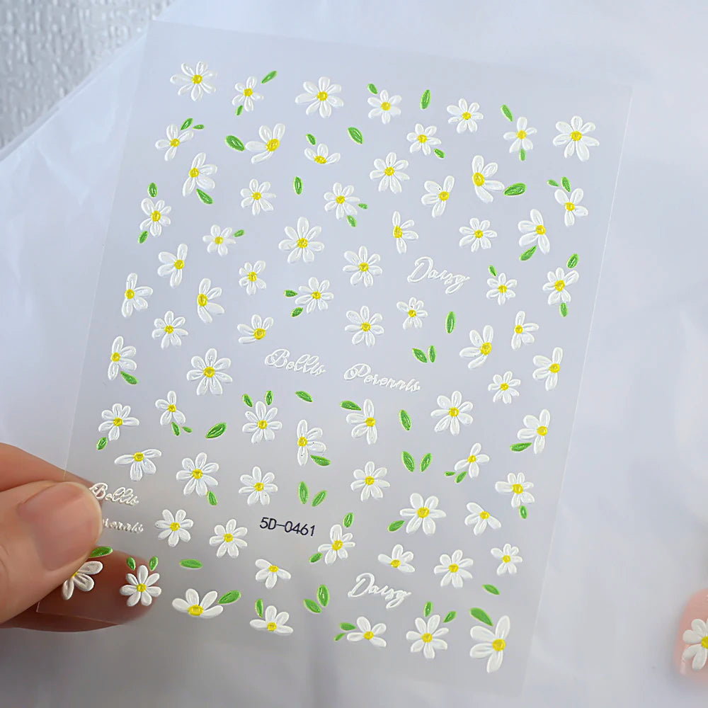 2pcs 5D White Daisy Design Nail Art Stickers Embossed Daisy Floret Green Leaf Nail Art Decals DIY Spring Summer Decor Stickers