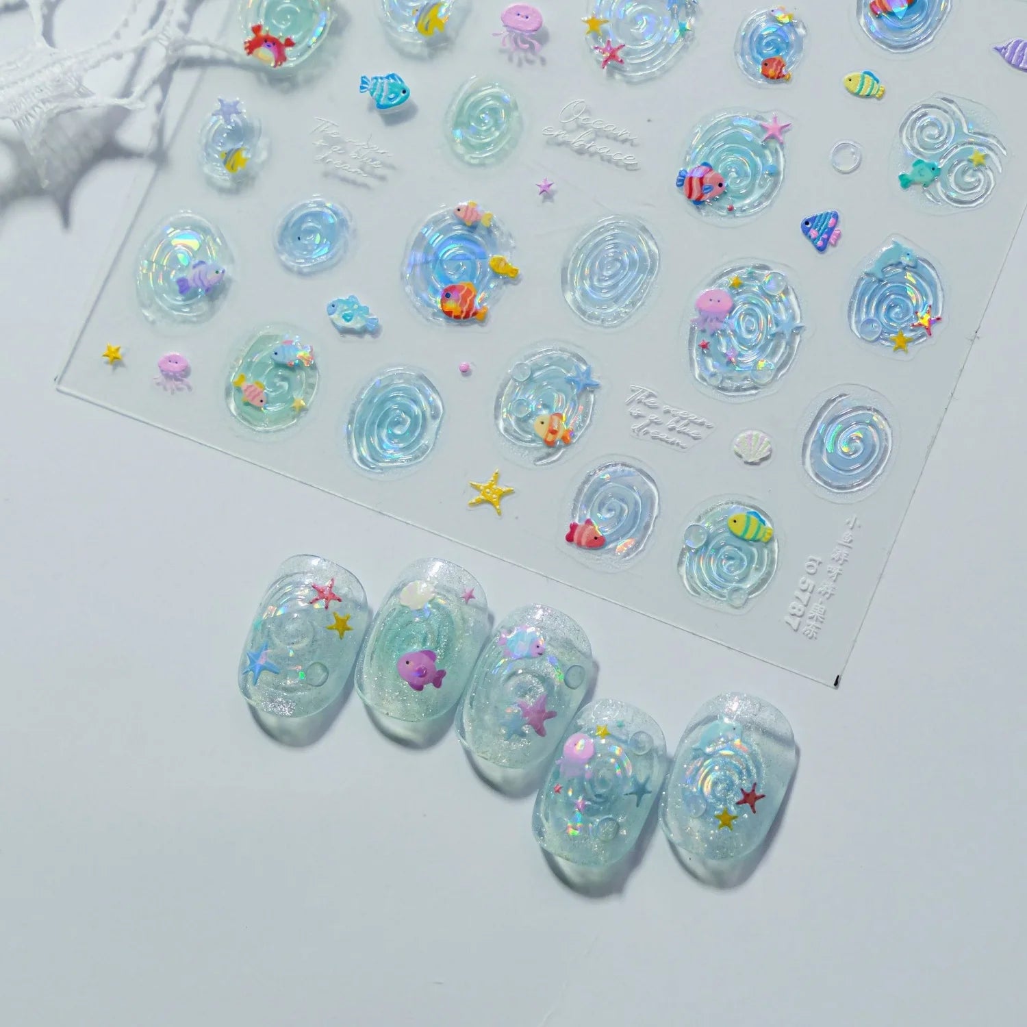 5D Summer Ocean Nail Stickers Seaside Vacation Colorful Fish Bubble Starfish Little Octopus Nail Decal Fresh Sea Manicure Decor