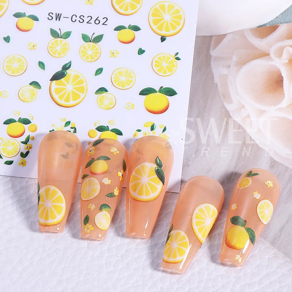 3pcs Lemon Fruits Nail Stickers 3D Cute Strawberry Blueberries Petals Nail Decals DIY Adhesive Slider Summer Manicure Decoration