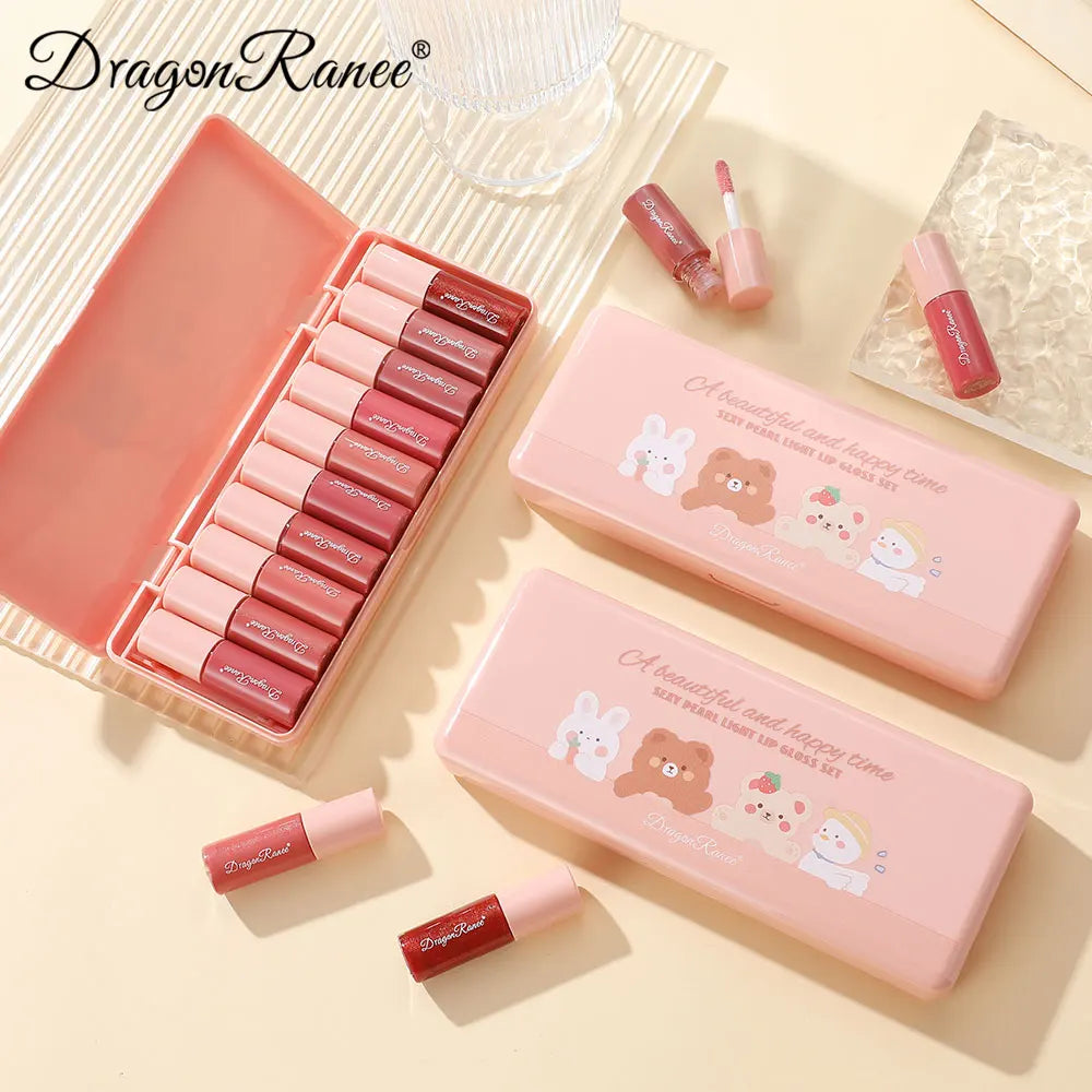 10-Color  Cute Cartoon Mini Mirror Lip Gloss Set, Moisturizing Lip Gloss, Long-Lasting, Fades Lip Lines, Touch-Ups Lipstick