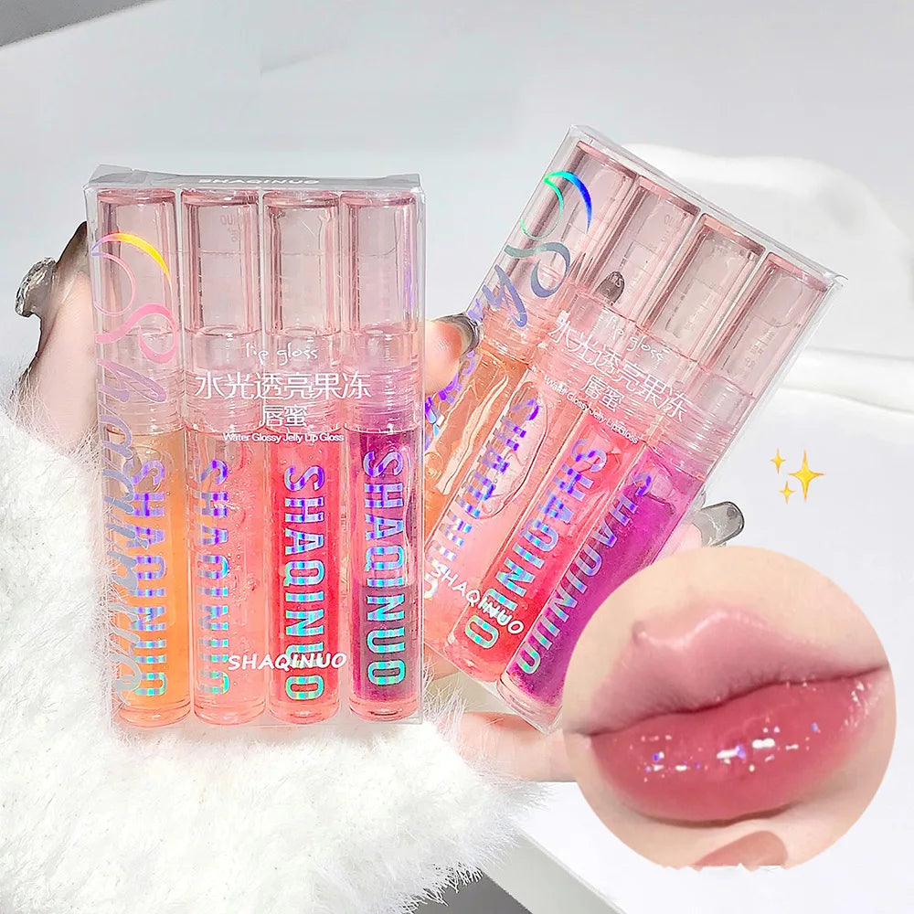 SHAQINUO 4 PCS Water-gloss Mirror Jelly Lip Gloss Moisturizes Lips Shimmers With Fine Pearls Brightens Lip Color