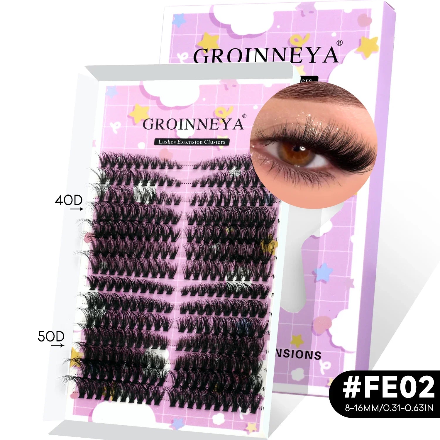 GROINNEYA Lash Clusters Kit Natural Cat Lashes Winged End Eye Elongated Eyelashes With Lash Bond & Seal Cluster Kit DIY at Home