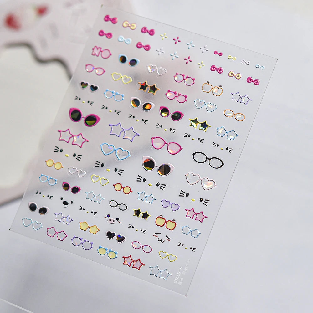 5D Adhesive Nail Art Stickers with Cute Glasses Design and Cartoon Funny Cat Expression for Manicure DIY Charms Slider Sticker