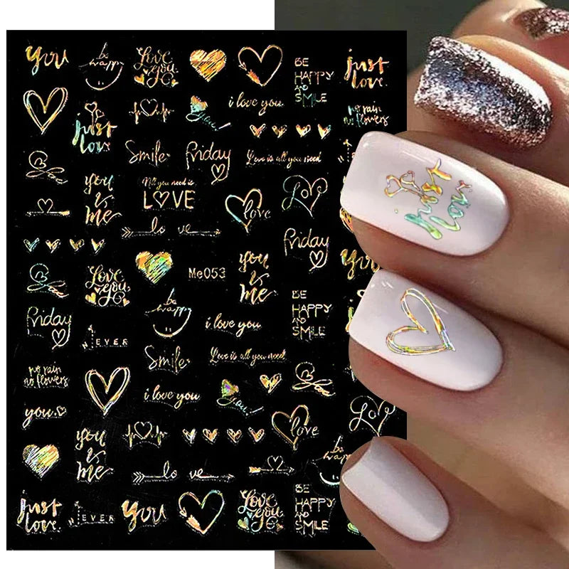 1PCS Laser Love Letter Nail Sticker Nail Art Decoration Flower Star supplies Decals Press On Nails Stickers Parts