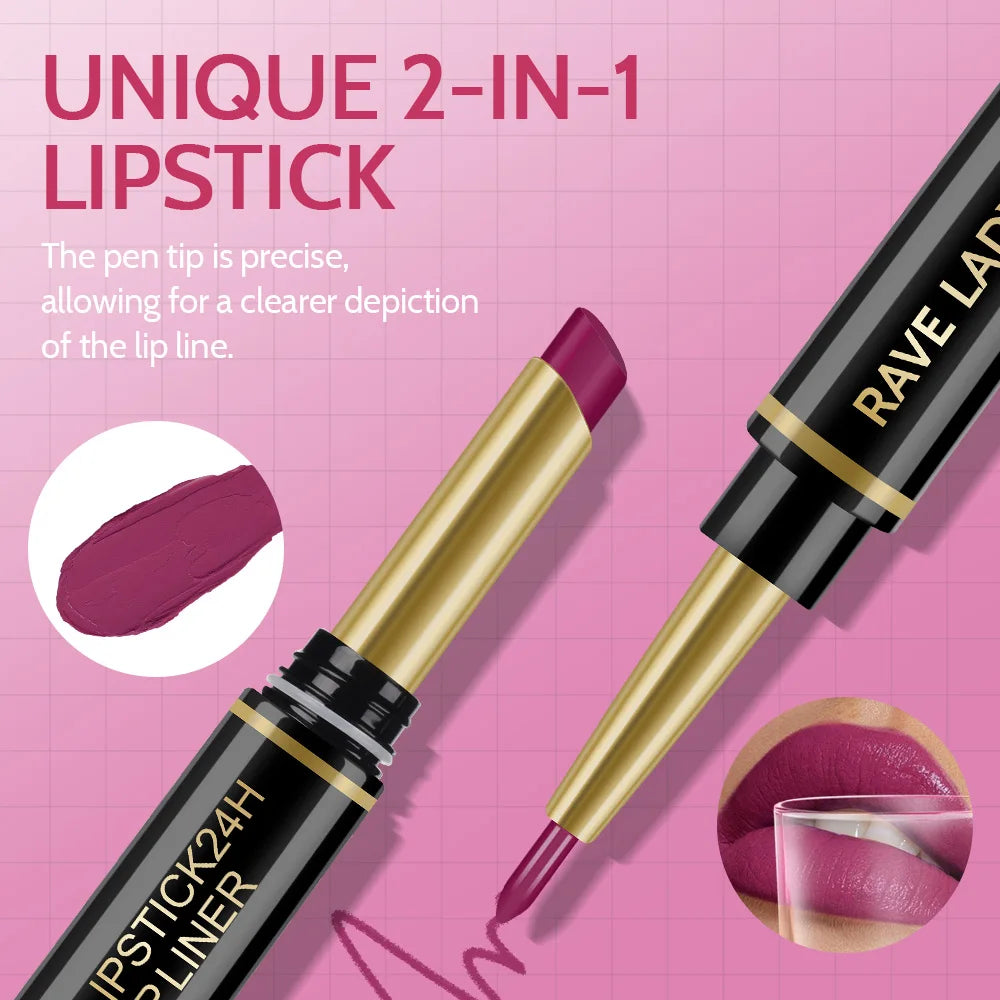 Rave Lady 2 IN 1 Matte Lipstick Lipliner Pencil 6 Color Christmas Gift Waterproof Lipstick Sexy Red Long Lasting Lipliner Makeup