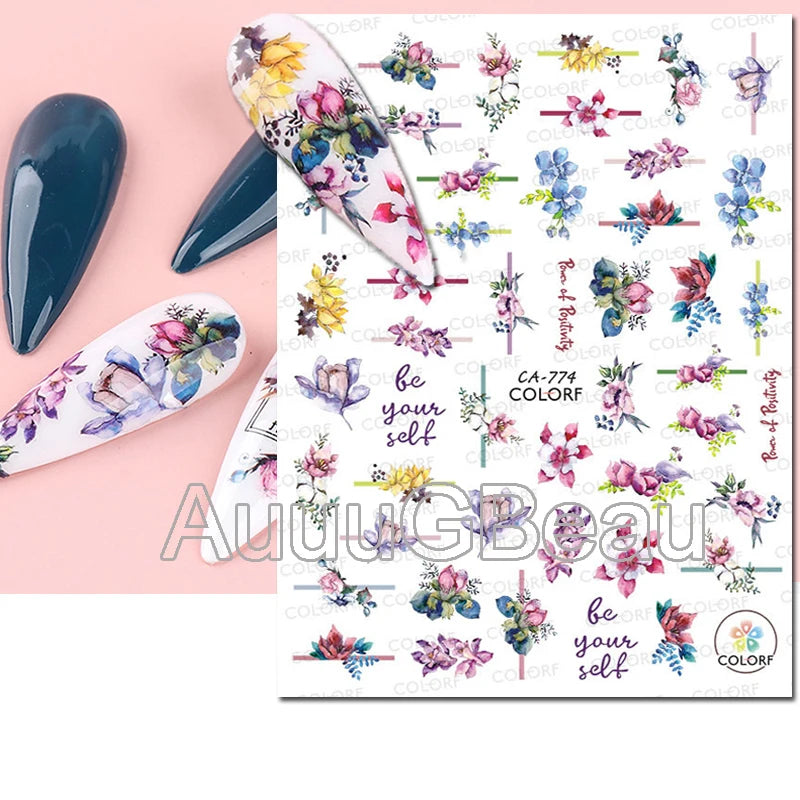 3d Nail Art Decals Geometric Lines Daisy Sunflowers Letters Adhesive Sliders Nail Stickers Decoration For Manicure
