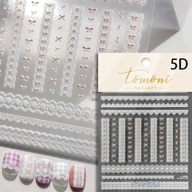 1pcs Elegant 5D Pearl Lace Wave Nail Art Stickers Exquisite White Lines Nail Decoration Decals DIY Self Adhesive Transfer Slider