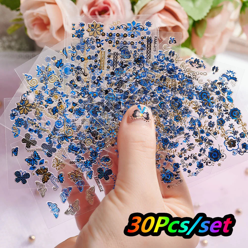 30Pcs/set Colorful Butterfly/Flowers Nail Stickers Kawaii Cute Mini Rose/Lavender/Sunflower Nail Decal DIY Adhesive Nail Floret
