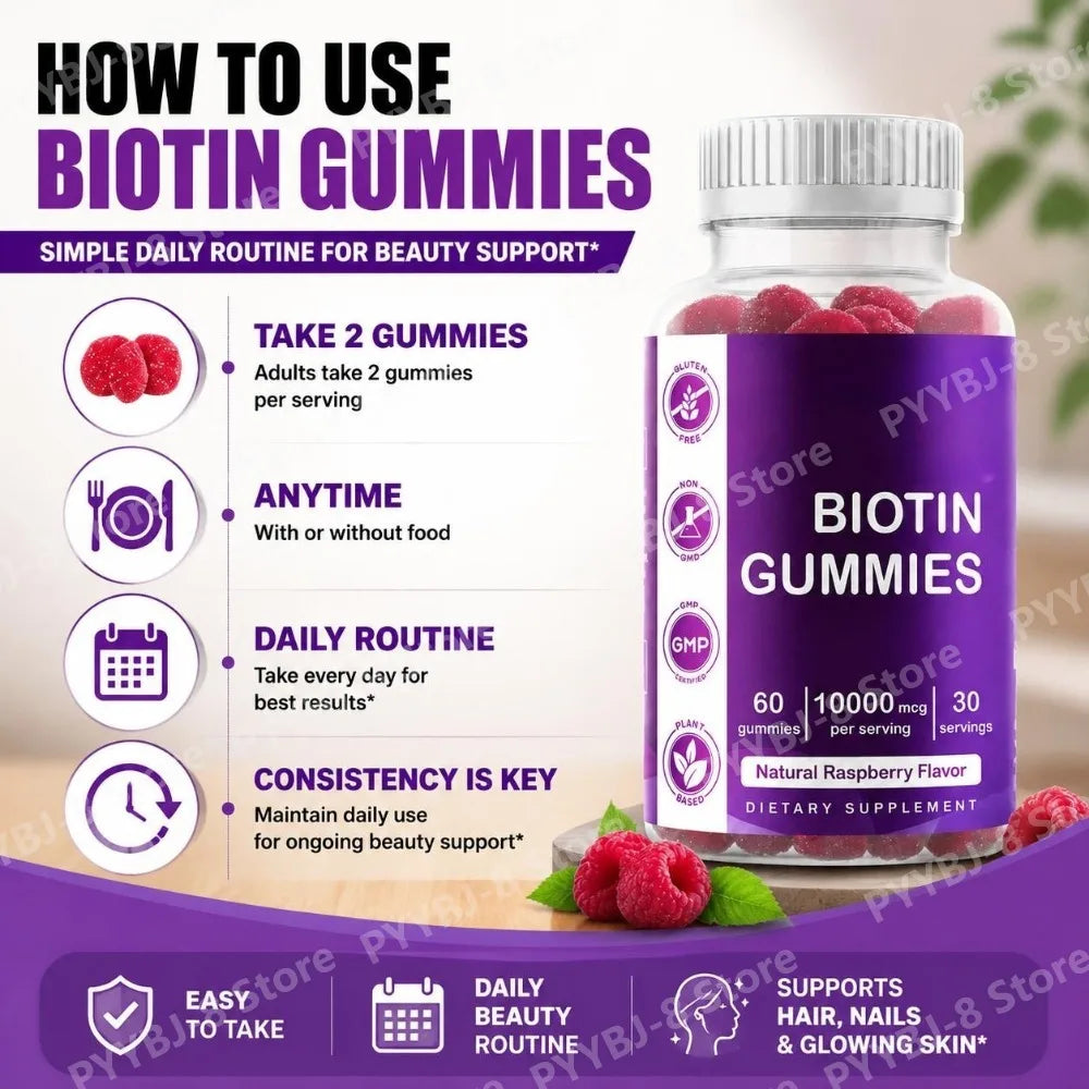 Biotin Gummies with Vitamin Vegan Gluten Free Soy Free Natural Raspberry Flavor Support Hair, Nail, and Skin Health 60 Gummies