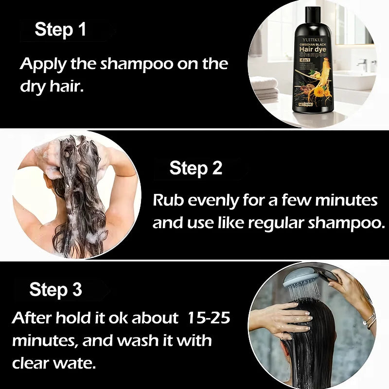 Obsidian Black Hair Dye Shampoo 100ml - 4-in-1 Plant Formula, Covers Gray Hair with Natural Color, Dense Bubbles, Lasting Color