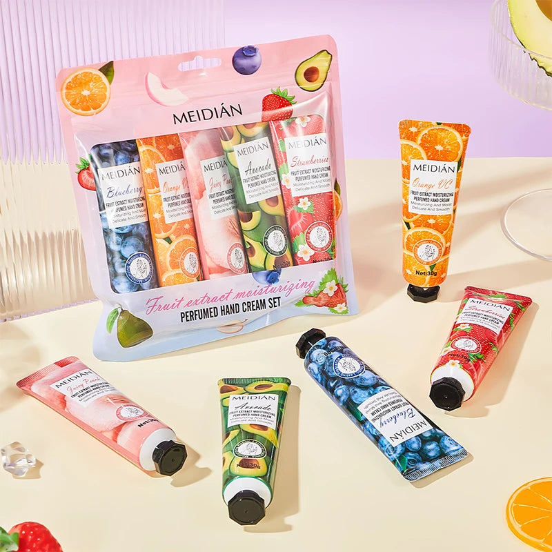 Meidian 5-Piece Fruit Fragrance Hand Cream Set – Moisturizing & Hydrating Hand Care for Dry Skin, Helps Keep Hands Soft, Smooth & Nourished